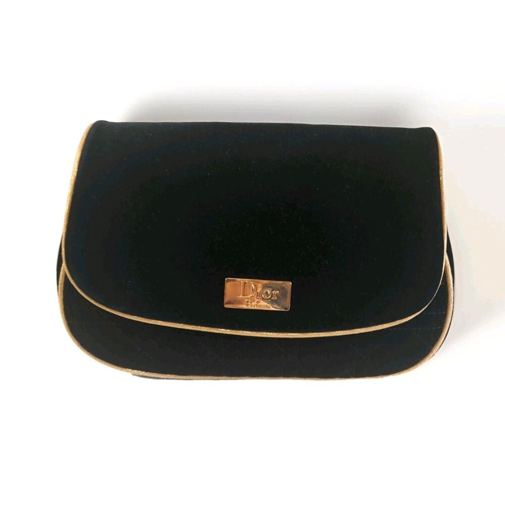 Dior Parfums Gold Logo Plate Quilted Velvet Clutch Cosmetic Bag Black F918068000